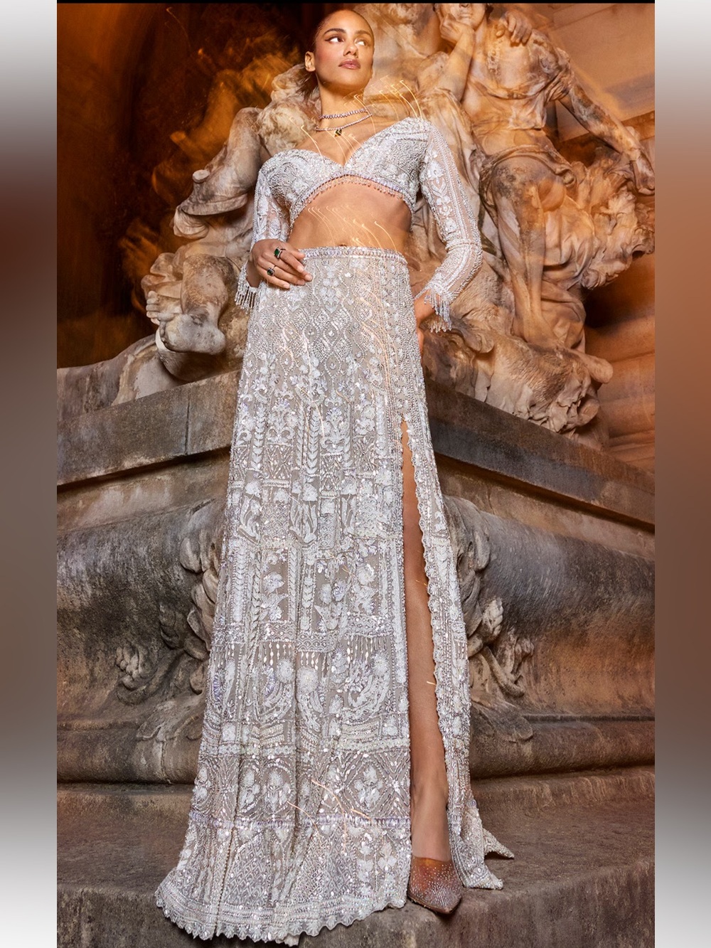 Seems Gujral Embellished Ivory Beaded Skirt Set with Dupatta